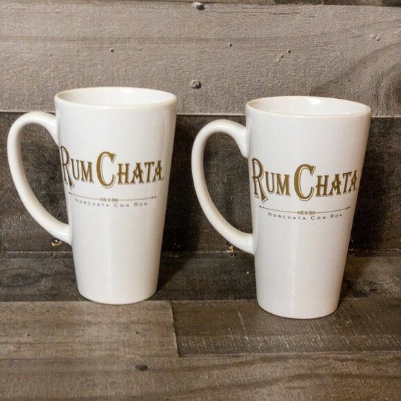 RUM CHATA TALL 14 OZ COFFEE MUGS CERAMIC SET OF 2 TEA CUP DINER BAR RETRO - Picture 1 of 7